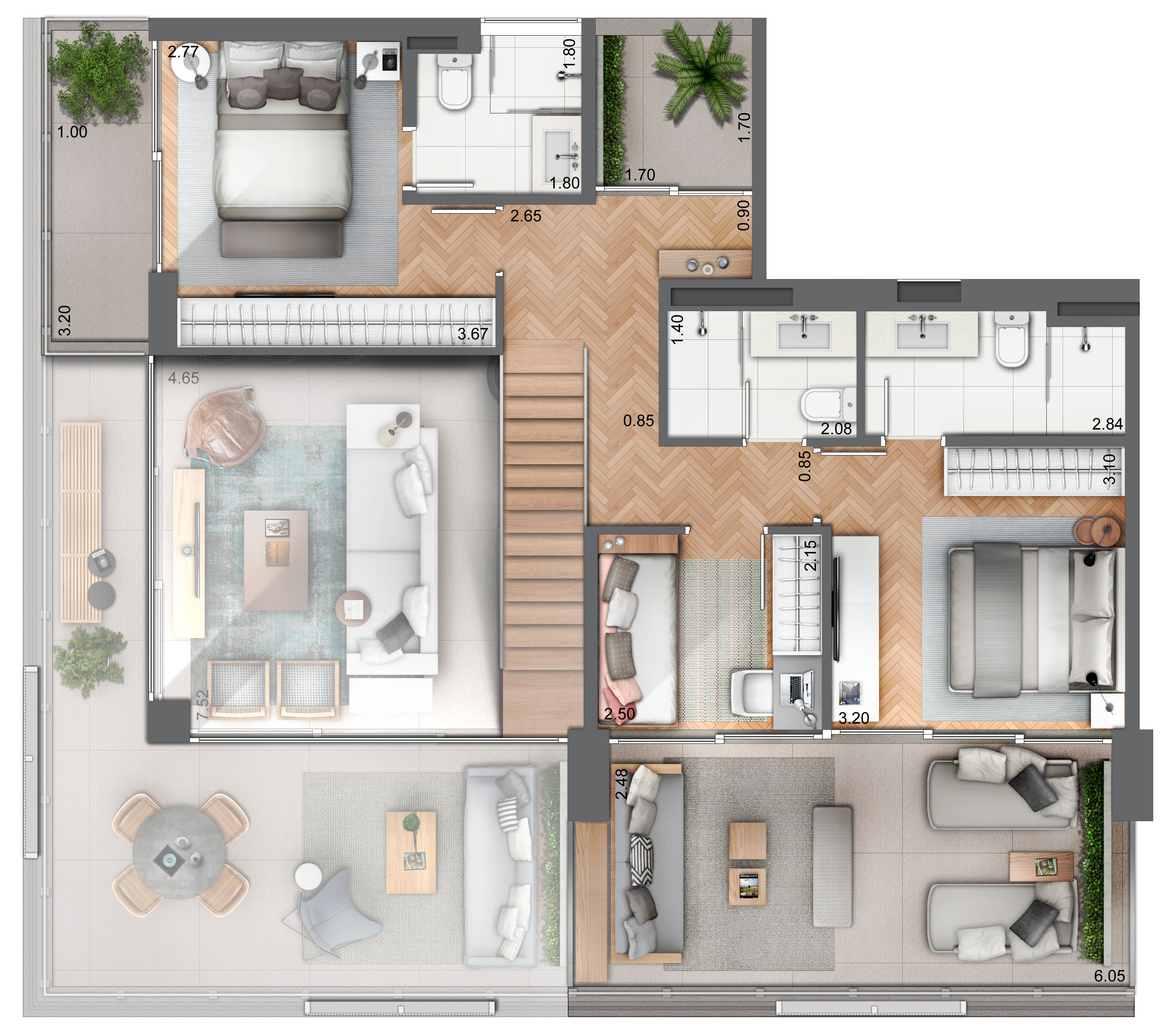 Duplex 139 m² - Piso superior (3 dormitórios)